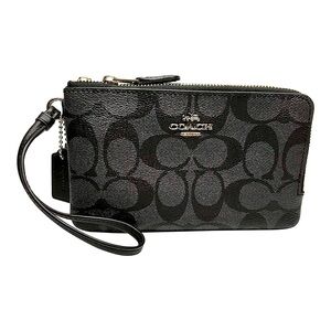 NWT Coach Signature Double Corner Zip Waller Wristlet, PVC Black Smoke